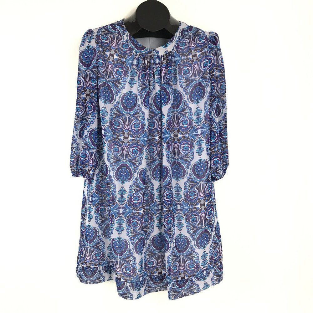 Eva Mendes Floral Chiffon Shift Dress Womens Large Petite Sheer Lined 3/4 Sleeve